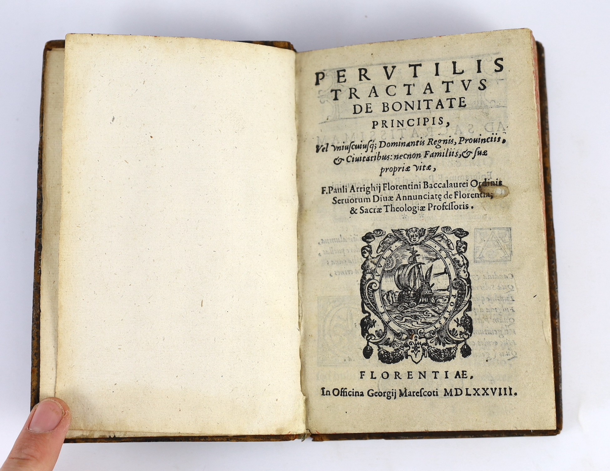 Arrighi, Paolo - Perutilis Tractatus de Bonitate Principis ... pictorial engraved vignette title and text decorations; (16), 214pp. and Errores leaf: old gilt calf and panelled spine - foliate surrounds enclosing coronet